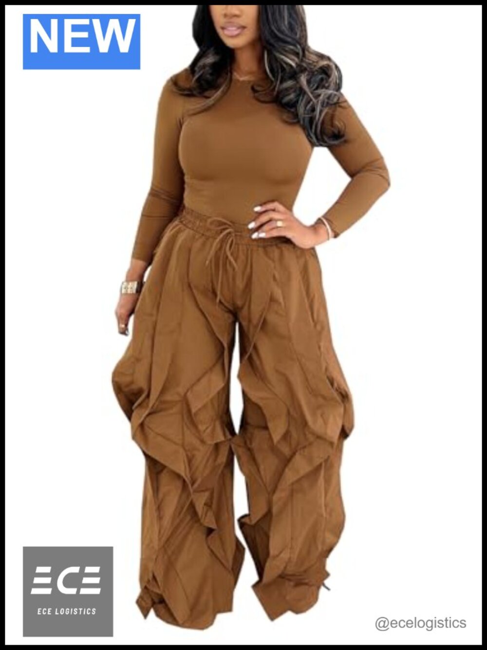 Women's 2 Piece Outfit Long Sleeve Top Wide Leg Ruffle Fringe Pants Set